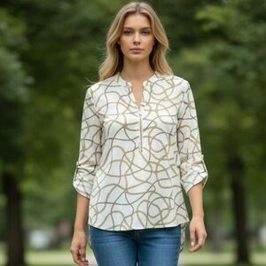 Michael Kors Women’s Chain Print Gold V Neck Blouse top Size S luxury